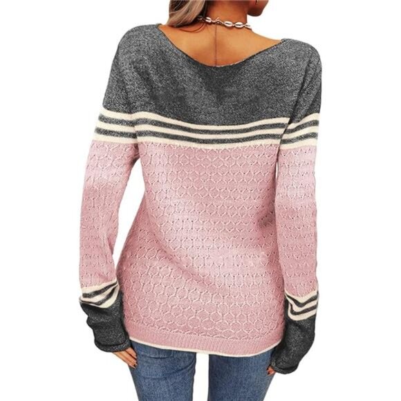 Women's Autumn Winter Colorblock Pullover Sweater – Round Neck Striped - Picture 4 of 6